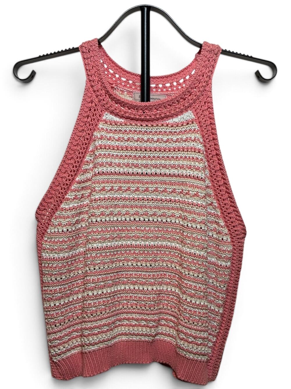BCBGeneration Pink & White Striped Crochet Knit Halter Sweater Tank Top
